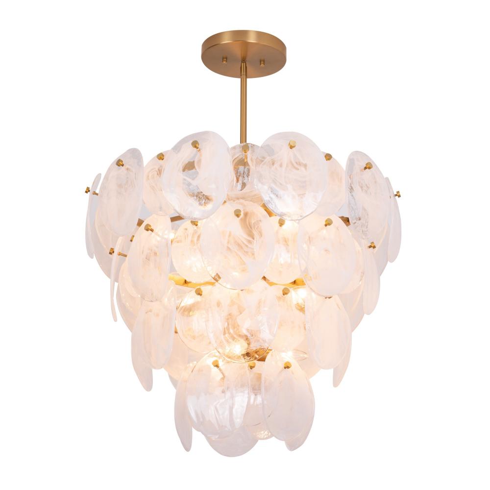 Lily 13 Light Chandelier, Brushed Brass with Wispy White Murano Style Glass