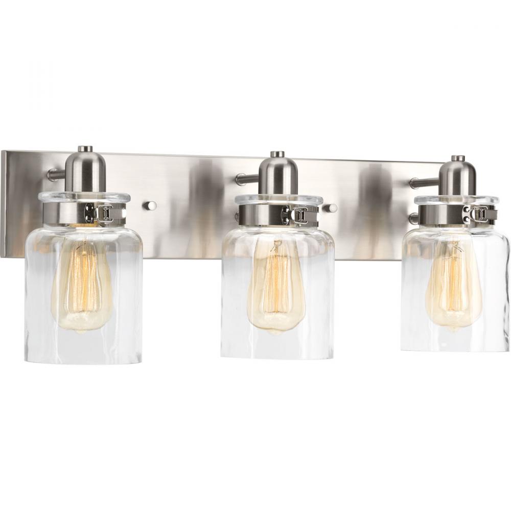 Calhoun Collection Three-Light Brushed Nickel Clear Glass Farmhouse Bath Vanity Light