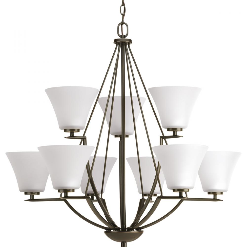 Bravo Collection Nine-Light Antique Bronze Etched Glass Modern Chandelier Light