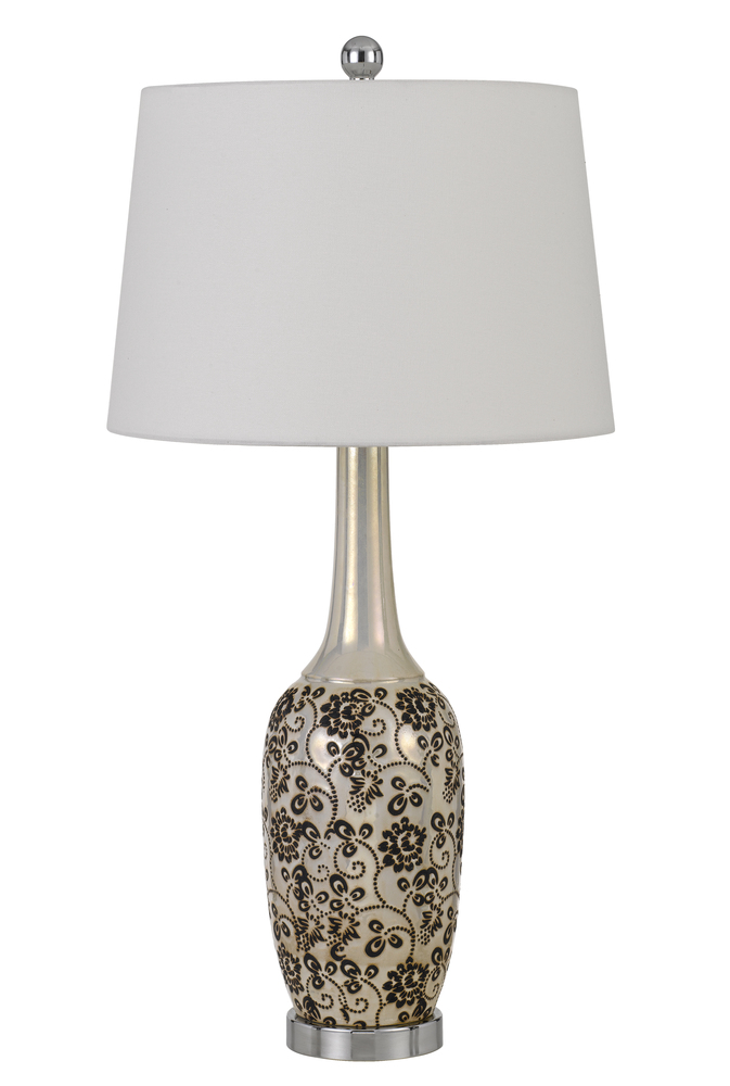 150W Paxton Ceramic Table Lamp With Leaf Design And Taper Drum Hardback Fabric Shade (Priced An