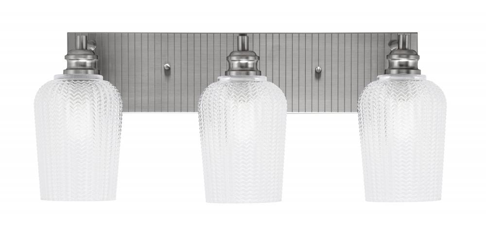 Edge 3 Light Bath Bar, Brushed Nickel Finish, 5" Clear Textured Glass