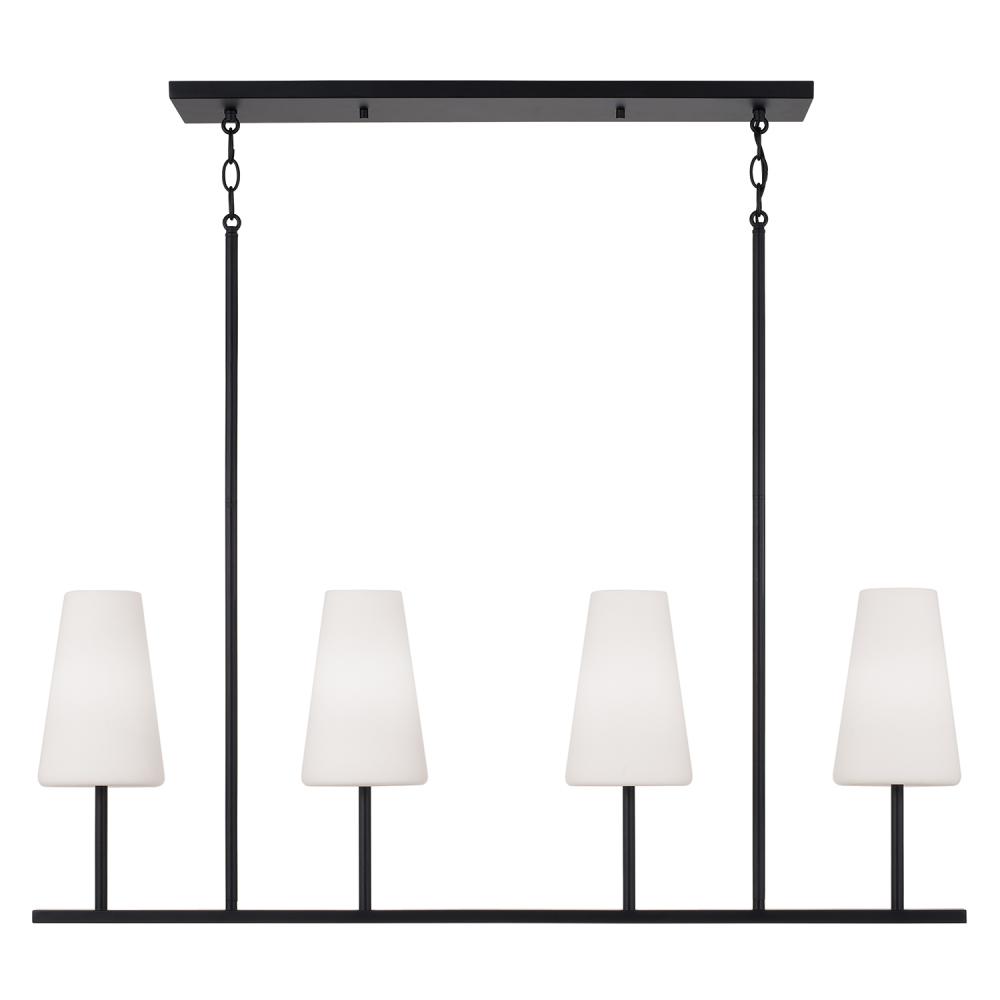 4-Light Modern Linear Chandelier in Matte Black with Tapered Soft White Glass