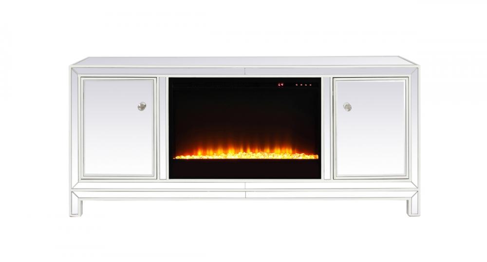 60 in. mirrored TV stand with crystal fireplace insert in white