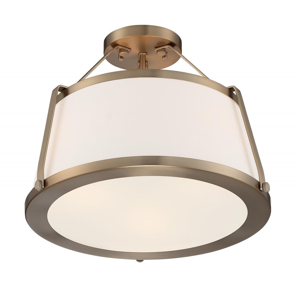 Cutty - 3 Light Semi-Flush with Fabric Shade - Burnished Brass Finish