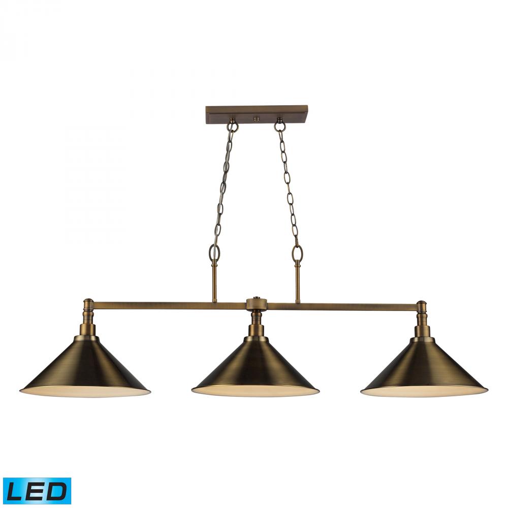 Three Light Brushed Antique Brass Pool Table Light